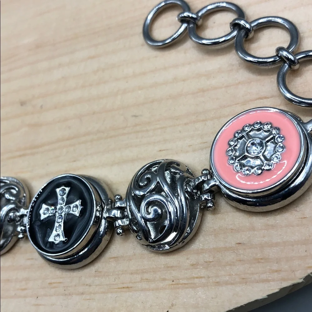 Ginger Snaps 3 snaps scroll stations silver cross enamel medallion bracelet.